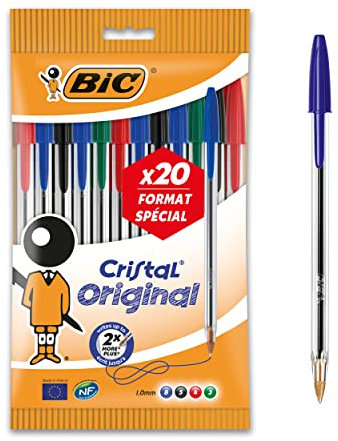 BIC Cristal Original Bolígrafos Punta Media (1,0 mm) – Colores Surtidos, Blíster de 20 Unidades, para escritura suave, certificados con etiqueta ecológica