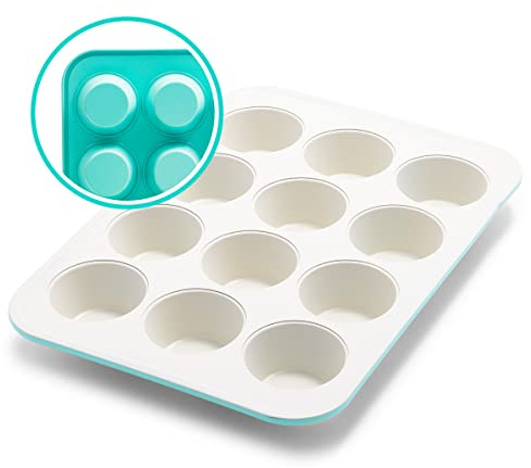 GreenLife Bakeware Healthy Ceramic Nonstick, 12 Cup Muffin and Cupcake Baking Pan, PFAS-Free, Oven Safe up to 230°C, Turquoise