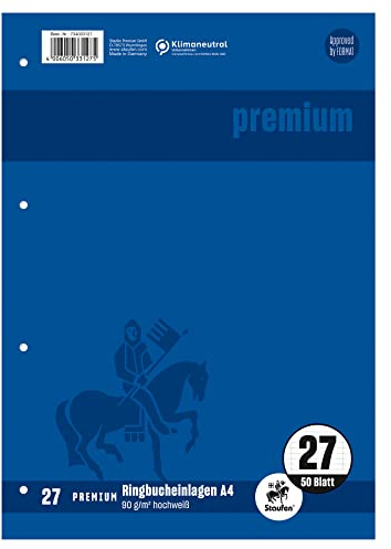Staufen Inserti per raccoglitori ad anelli di alta qualità, DIN A4, rigatura 27 (9 mm a righe con bordo linea), 50 fogli, 4 fori, 90 g/m², carta premium