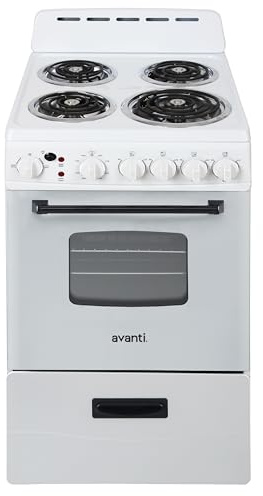 Avanti Electric Range Oven Compact Design, 2.1-Cu.Ft. Capacity with 4 Coil Burners, Framed Glass Oven Door, Storage Drawer and Broiler with Pan, 20-Inch, White
