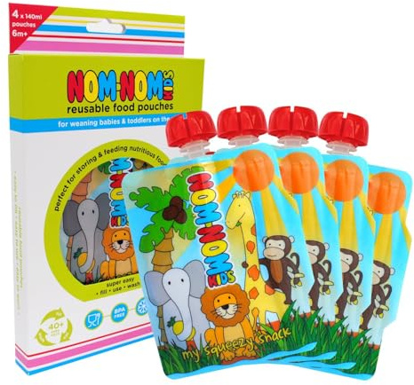 Nom Nom Kids | 4 x Reusable Food Pouches 140ml | Baby Food pouches for Baby weaning | reusable yoghurt pouches | BPA FREE | Side fill | UK designed