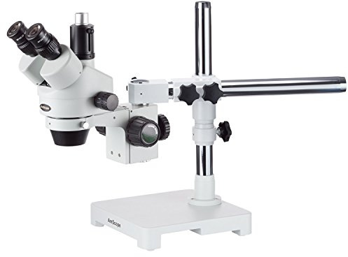 AmScope SM-3TY Professional Trinocular Stereo Zoom Microscope, WH10x Eyepieces, 7X-90X Magnification, 0.7X-4.5X Zoom Objective, Ambient Lighting, Single-Arm Boom Stand, Includes 2.0X Barlow Lens