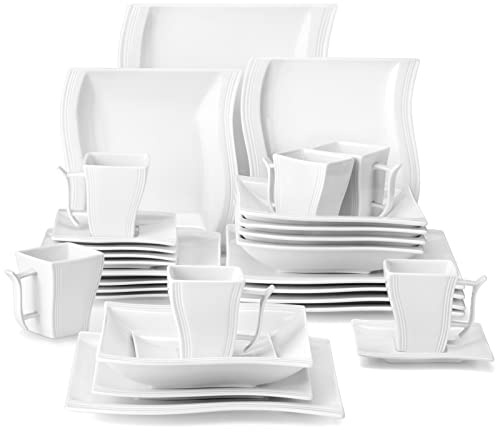 MALACASA Ivory White Dinnerware Sets, 30-Piece Porcelain Plates and Bowls Sets, Modern Dish Set for 6, Square Plates Dinnerware Set Kitchen Dishware Sets, Microwave and Dishwasher Safe, Series Flora