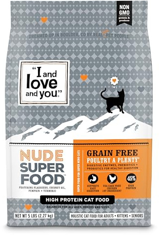 I and love and you Nude Super Food Dry Cat Food - Turkey + Chicken - Grain Free, High Protein, No Fillers, Superfoods, 5lb Bag