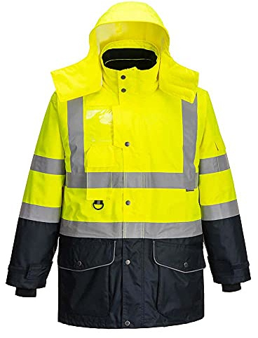 Portwest S426 Hi-Vis 7-i-1 Kontrasttrafikjacka Vattentät Andningsbar Trafik | Gul/Marinblå, M, EN ISO 20471 Klass 3, EN 342, UPF 40+, Fleece-Fodrad Krage, Komfortpassform, Lång Ärm, Dubbel PU-Belagd