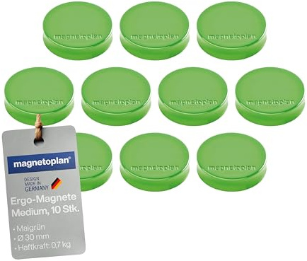 magnetoplan Ergo-Magnete, Medium | ØxH 30x8mm | 10 Stück, Maigrün| Starke Haftkraft von 0,7 kg | Für Kühlschrank, Whiteboard, Magnettafel