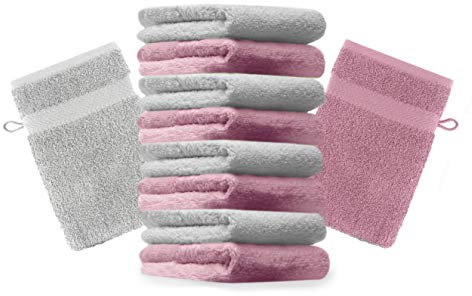 Betz 10 Stück Waschhandschuhe Premium 100% Baumwolle Waschlappen Set 16x21 cm Farbe Altrosa und Silbergrau