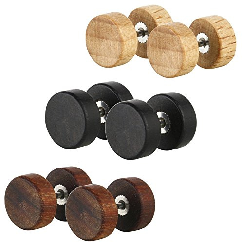 JewelrieShop Fake Plugs Wood Stud Earrings Fake Gauge Natural Wood Cheater Plugs Faux Gauges Earrings for Men Women (8-10mm, 17G)
