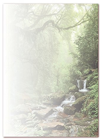 Motivpapier Briefpapier (Bach-5176, DIN A4, 25 Blatt) - Waldbach über Steine, grüne Bäume Natur
