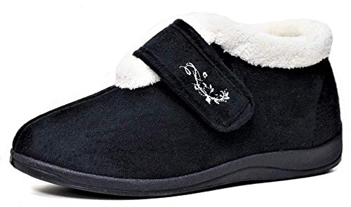DUNLOP Womens Deloris Fleece Lined Wide Fit Velcro Slipper (6 UK, Black)