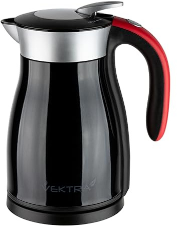 Vektra Kettle, Series 1 in Black/red, vacuum insulated environmentally eco-friendly kettle, stainless steel finish, 1.5 litre