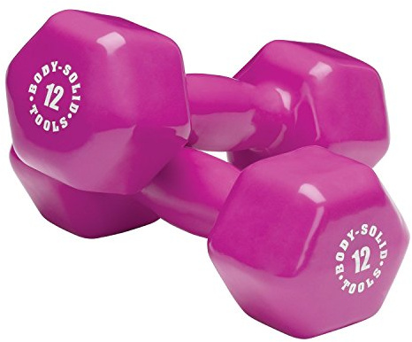Body-Solid Tools (BSTVD12PR) Vinyl Dumbbell for Aerobic Strength Training and Physical Therapy, Hand Weights for Men and Women, Commercial and Home Gym Free Weights Hex End Dumbbells, Pink, 12lbs. Pair