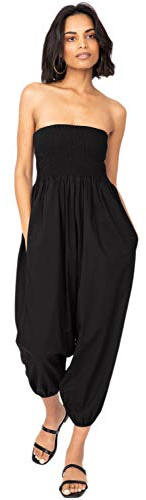 likemary Petite Harem Pants Women Jumpsuits UK - Baggy Elasticated Waist Trousers Convert into a Comfy Cotton Straples Romper - Black