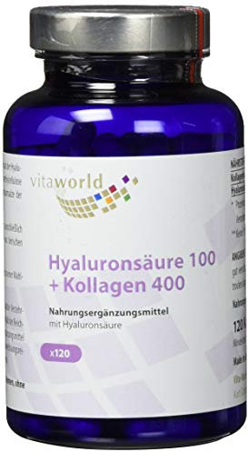 Hyaluron Kollagen Kapseln - hochdosierte 200 mg Hyaluronsäure + 800 mg Kollagen pro Tag (120 Kapseln) – bioaktive Collagen Peptide – Collagen Kapseln ohne Zusätze, laborgeprüft, glutenfrei – vitaworld