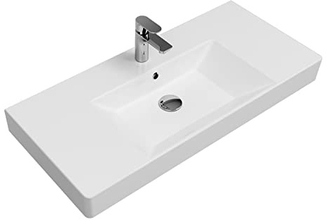 Aqua Bagno | Universal Waschbecken mit Ablage, modernes Keramikwaschbecken in Weiß, hängendes Waschbecken 100 cm breit