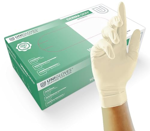 UNIGLOVES - Griffiger DERMA SKIN® Latexhandschuh | Puderfrei | Besonders feinfühlig für Krankenhäuser, Arztpraxen & Kosmetikstudios | 100 Stück | Einmalhandschuh M