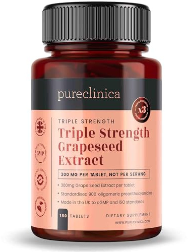 pureclinica Grape Seed Extract 300mg x 180 Tablets - 90% Oligomeric Proanthocyanidins. 300% Stronger Than Regular Grape Seed.