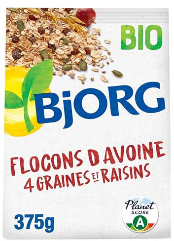 BJORG - Flocons d'Avoine Bio 4 Graines et Raisin - Céréales Complètes - Sans Sucres Ajoutés - 375 g