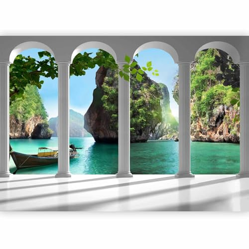 murando - Papier peint panoramique moderne 350x256 cm - Revêtement mural décoration pour chambre salon - Design unique et moderne - Vert blanc - Colonnes mer nature paysage eau 10110903-13