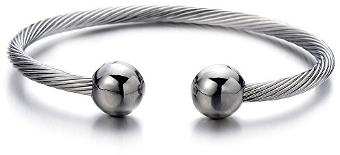 COOLSTEELANDBEYOND Elastic Adjustable Mens Stainless Steel Magnetic Bangle Bracelet Silver Color Polished