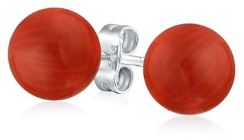 Boucles D'Oreilles Clous Rondes En Corail Naturel Teinté Rouge Simple Pour Femmes En Argent Sterling .925 10MM