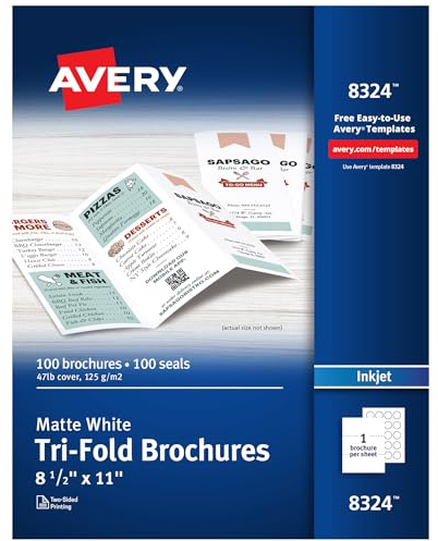 Avery® Printable Tri-Fold Brochures with Mailing Seals, 8.5 x 11, Matte White, 100 Blank Brochure Paper for Inkjet Printers (08324)