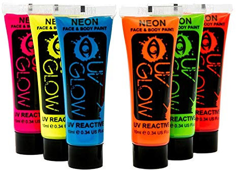 Pintura Corporal y Facial 10ml UV GLOW Neón Fluorescente incandescente (10ml x6)