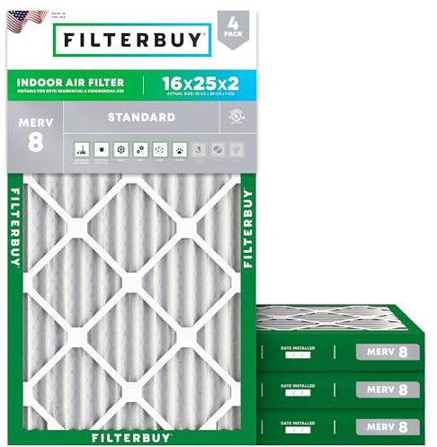 Filterbuy 16 x 25 x 2 luftfilter MERV 8 damm- och allergiförsvar (4-pack)