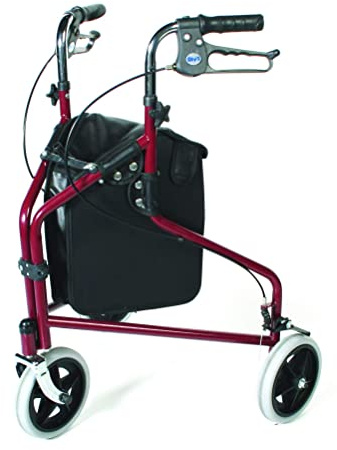 Days Tri Wheel Folding Walker with Loop and Lockable Brakes, Mobility Aid, Easy to Manoeuvre & Height Adjustable, For Eldery and Disabled Users, Red
