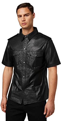 RICANO Mens Shirt SS, Herren Lederhemd, Lamm Nappa Echtleder (schwarz) (L)