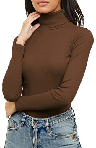 Re Tech UK Ladies Plain Ribbed Cotton Polo Turtle Roll Neck Tunic Top Jumper Full Sleeve, Dark Chocolate Brown, M/L 12-14