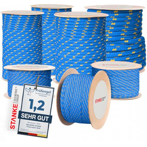 Seilwerk STANKE Cuerda de Polipropileno Azul con Marcador Amarillo 16 mm 25m - Cuerda para Tender Ropa Exterior, Sujetar una Tienda de campaña- SOGA para jardín Exterior, Pesca