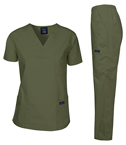 Dagacci Scrubs Medical Uniform Women and Man Scrubs Set Medical Scrubs Top and Pants, Olive Green, Large