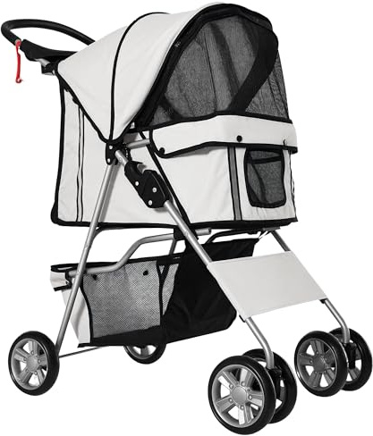 PawHut Cochecito Plegable Mascotas Carrito para Perros Gatos con Cuatro Ruedas Cesta de Almacenaje Ventanas y Portavasos Tela Oxford Marco de Acero 75x45x97 cm Gris