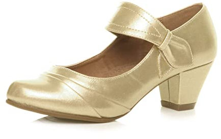 AJVANI mid Heel Mary Jane Strap Smart Work Comfort Court Shoes Size 6 39 Gold