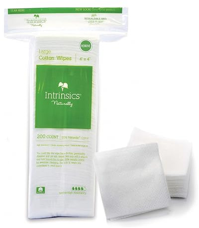 Intrinsics Large 4x4 Cotton Squares (200 Count) | 4-Ply Cotton Pads for Face & Makeup Removal | Lint-Free Facial Cleansing Pads & Face Pads for Toner | Hypoallergenic and 100% Pure Cotton