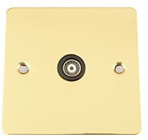 TV Coaxial Aerial Socket Single 1 Gang - Flat - Polished Brass - Black Insert