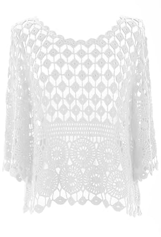 Ladies Women Lagenlook Plain Short Sleeve Crochet Top Blouse Vest One Size (UK, Alpha, One Size, Regular, Regular, White)