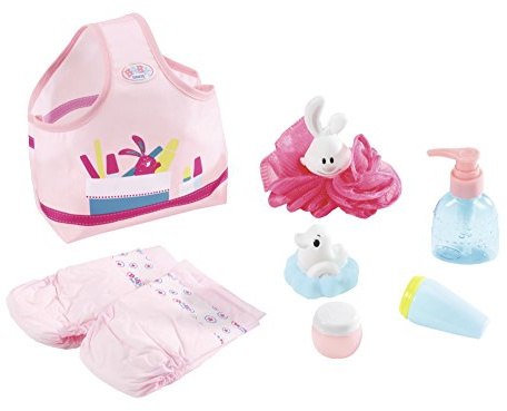 BABY born 823606 Wash & Go badset bestående av tvåldispenser, krämtub, puderburk, svamp, blöjor, badanka och bärväska, docktillbehör, 8 delar