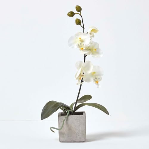 HOMESCAPES White Orchid in Stone Pot 40 cm - Artificial Orchid Flowers for Indoor & Outdoor Decoration