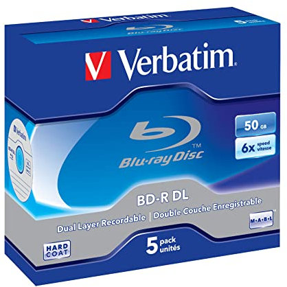 Verbatim BD-R Dual Layer Blu-ray Rohlinge 50 GB, Blu-ray-Disc mit 6-facher Schreibgeschwindigkeit, mit Kratzschutz, 5er-Pack Jewel Case, Blu-ray-Disks für Video- und Audiodateien