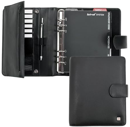 bind Manager-Planer A5 Terminplaner Systemplaner Timer Organizer Kalender 1 Woche = 2 Seiten, Notizbuch,Adressenbuch, Ringbucheinlage, Planer, Timer, Nappaleder schwarz T 500