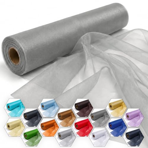 Trimming Shop Silver Snow Sheer Organza Roll 25m x 29cm Fabric | Ideal for Christmas Event, Party Decoration, Fabric for Chair Bow Sash, Table Runner, DIY Craft Projects