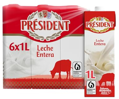 Président - Leche Président Entera, Leche Natural de Galicia, Fuente de Calcio y Proteínas,Sin Gluten, Bienestar Animal, Pack 6 x 1 L