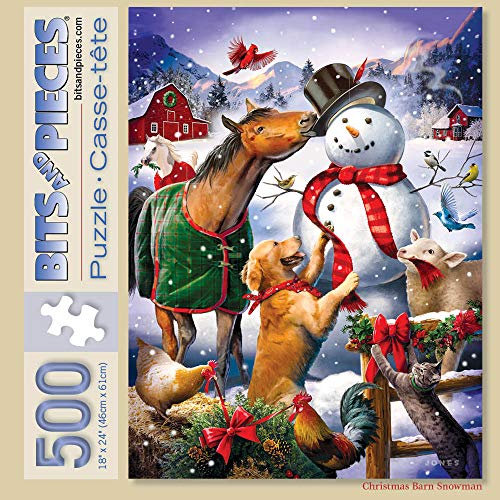 Bits and Pieces – 500 Piece Jigsaw Puzzle for Adults – Christmas Barn Snowman - Animal Winter Scene Jigsaw Puzzle by Artist Larry Jones, Completed Puzzle Size: 18 x 24