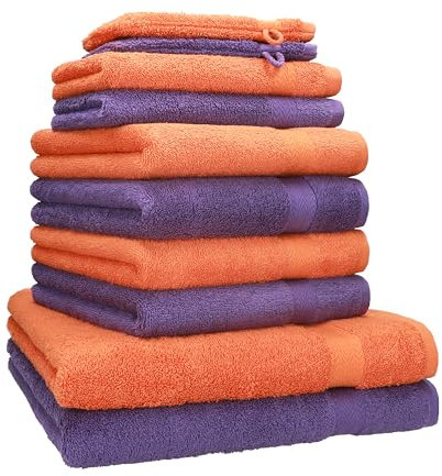 Betz 10-TLG. Handtuch-Set Premium 100% Baumwolle 2 Duschtücher 4 Handtücher 2 Gästetücher 2 Waschhandschuhe Farbe Orange Terra & Lila