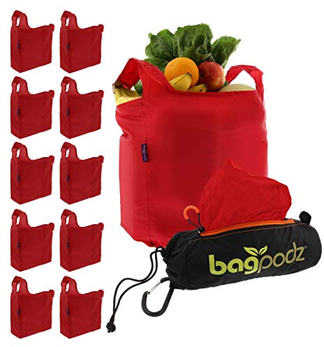 BagPodz Sturdy Reusable Grocery Bags Foldable and Washable - Made From RipStop Nylon Hold 50lbs - Designed in USA Reusable Shopping Bags Inside a Compact Pod with Carry Clip - 10 Pack in Red