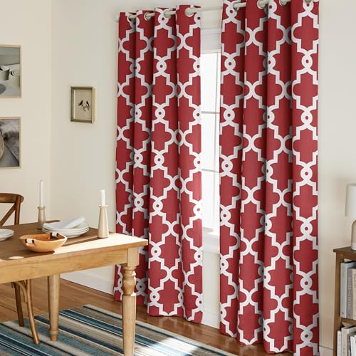 TOWN & COUNTRY EVERYDAY Ironwork Geo Trellis Sateen Indoor Curtains, Room Darkening Blackout, Grommet Top, Energy Efficient, 2-Pack Set, 52x96, Burgundy