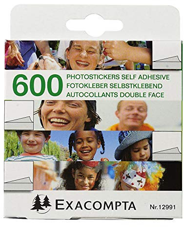 Exacompta - Réf. 12991E - 1 boîte de 600 autocollants photos double face - Blanc - sous film par 10 - Emballage : boîte distributrice carton