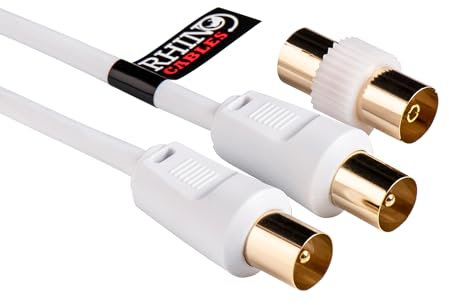 rhinocables Coaxial TV Aerial Cable with Gold-Plated Connectors | Male to Male RF Coax Lead with Female Adapter |Universally Compatible Fly Lead for HD/Standard TVs & Satellite Receivers (3m,White)